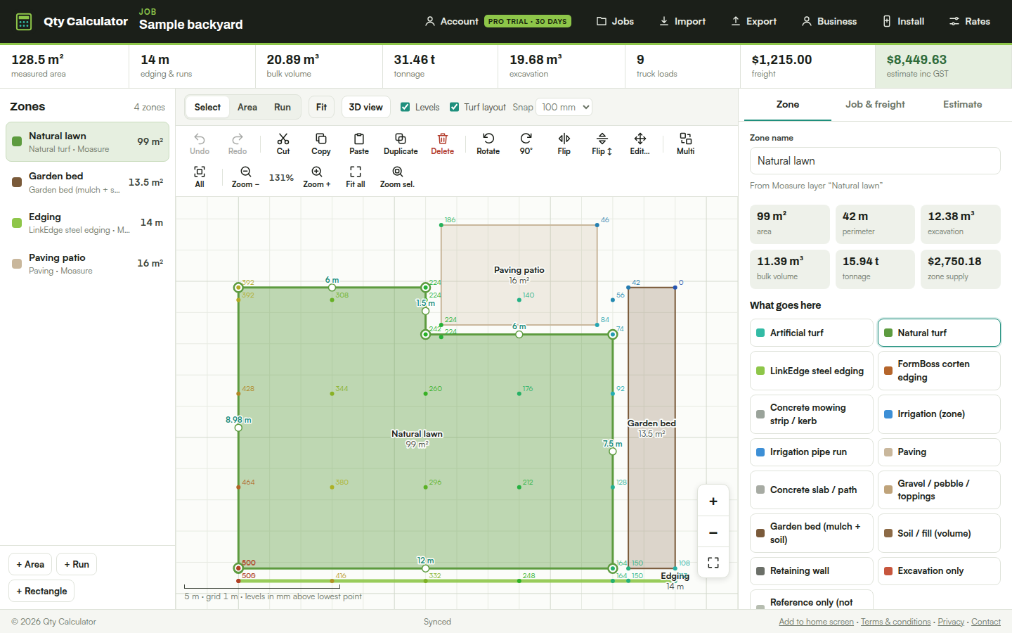 Qty Calculator showing a backyard plan with turf, garden bed and paving zones and an itemised estimate